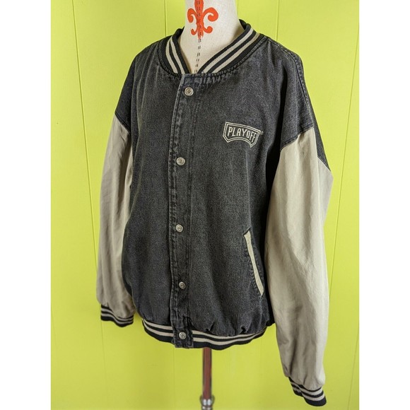 Rare VTG 90s Dunbrooke XL PLAY OFF Gray Bomber Jacket DenimSnap Striped Trim